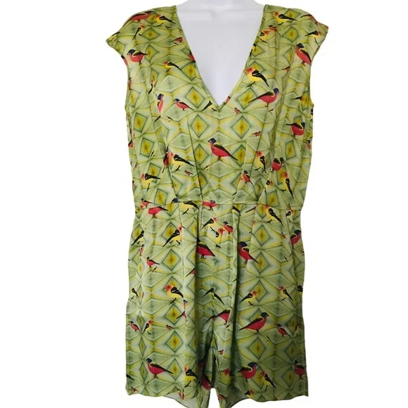 Crop david peck M Silk romper Artsy chartreuse bird print - Picture 1 of 12